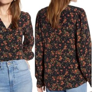 Something Navy Floral Blouse Size S Dark Floral Long Sleeve Flowy Top
